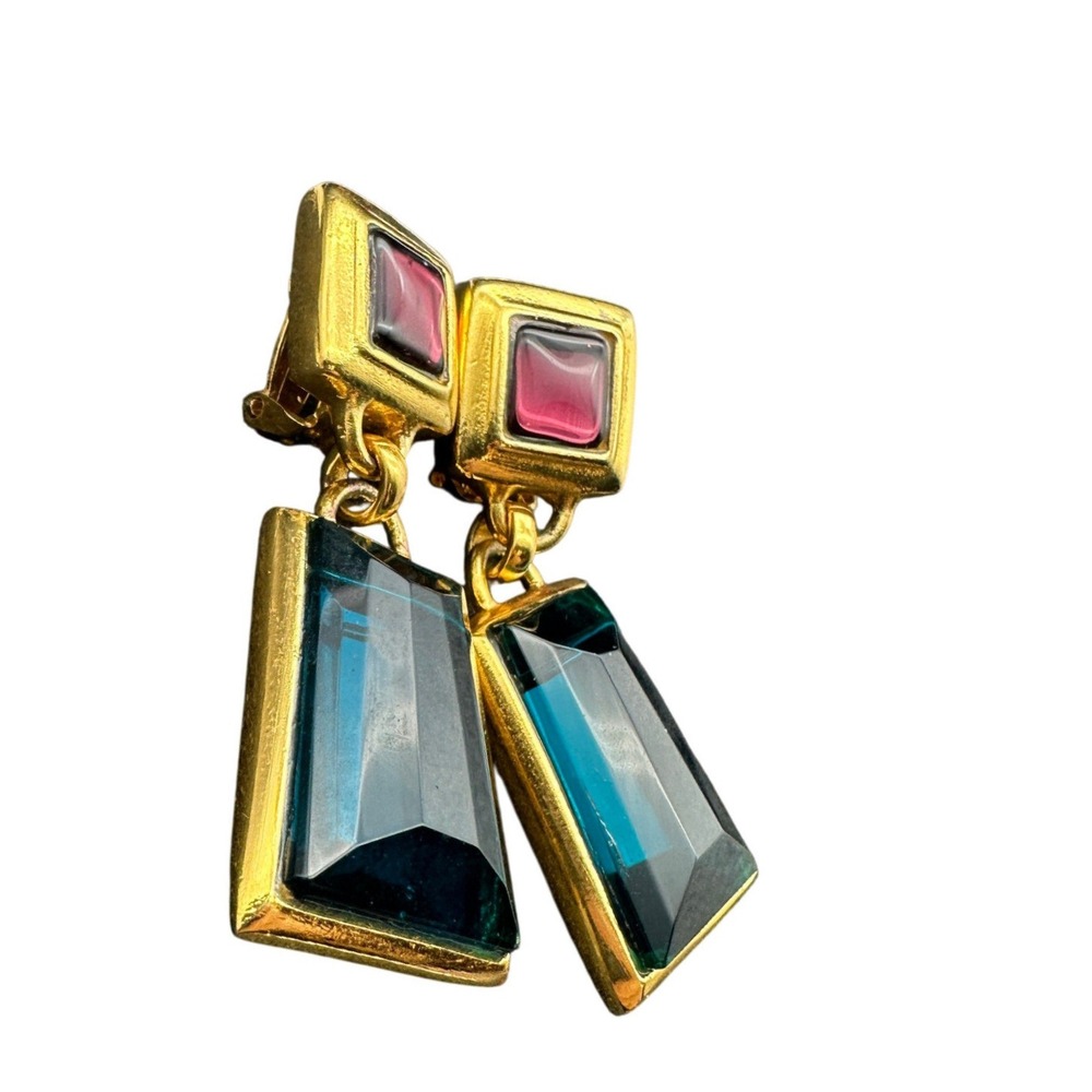 Barrera‎ Vintage Gold Tone Jewel Tone Blue Magenta Geometric Clip On Earrings